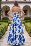 White Blue Floral Strapless A Line Printed Wedding Guest Dress