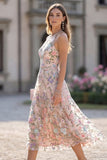 Apricot Flower Embroidered A Line Illusion Neck Midi Wedding Guest Dress