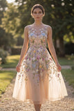 Champagne Flower Round Neck Appliqued A Line Midi Wedding Guest Dress