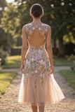 Champagne Flower Round Neck Appliqued A Line Midi Wedding Guest Dress
