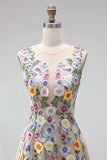 Champagne Flower Round Neck Appliqued A Line Midi Wedding Guest Dress