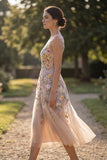 Champagne Flower Round Neck Appliqued A Line Midi Wedding Guest Dress