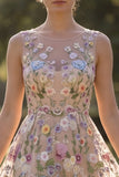 Champagne Flower Round Neck Appliqued A Line Midi Wedding Guest Dress