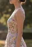 Champagne Flower Round Neck Appliqued A Line Midi Wedding Guest Dress