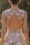 Champagne Flower Round Neck Appliqued A Line Midi Wedding Guest Dress