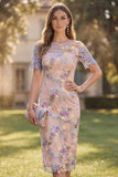 Dusty Rose Sheath Floral Appliqued Midi Wedding Guest Dress with Short Sleeves