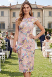 Dusty Rose Floral Appliqued Sheath Midi Wedding Guest Dress with Cap Sleeves