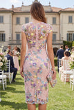 Dusty Rose Floral Appliqued Sheath Midi Wedding Guest Dress with Cap Sleeves