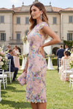 Dusty Rose Floral Appliqued Sheath Midi Wedding Guest Dress with Cap Sleeves