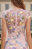 Dusty Rose Floral Appliqued Sheath Midi Wedding Guest Dress with Cap Sleeves