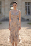 Apricot Mermaid Appliqued Midi Wedding Guest Dress