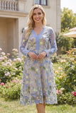Light Blue Floral V Neck A Line Midi Wedding Guest Dress with Long Sleeves
