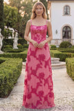 Fuchsia A Line Floral Appliqued Long Wedding Guest Dress