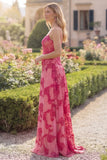 Fuchsia A Line Floral Appliqued Long Wedding Guest Dress