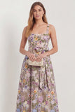 Flower Apricot A Line Square Neck Midi Wedding Guest Dress with Bow