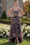 Black Floral A Line Appliqued High Low Wedding Guest Dress