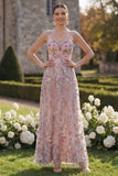 Blush Flower Appliqued A Line Long Wedding Guest Dress