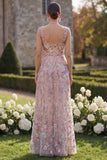 Blush Flower Appliqued A Line Long Wedding Guest Dress