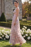 Blush Flower Appliqued A Line Long Wedding Guest Dress