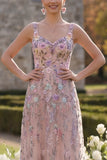 Blush Flower Appliqued A Line Long Wedding Guest Dress