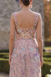 Blush Flower Appliqued A Line Long Wedding Guest Dress