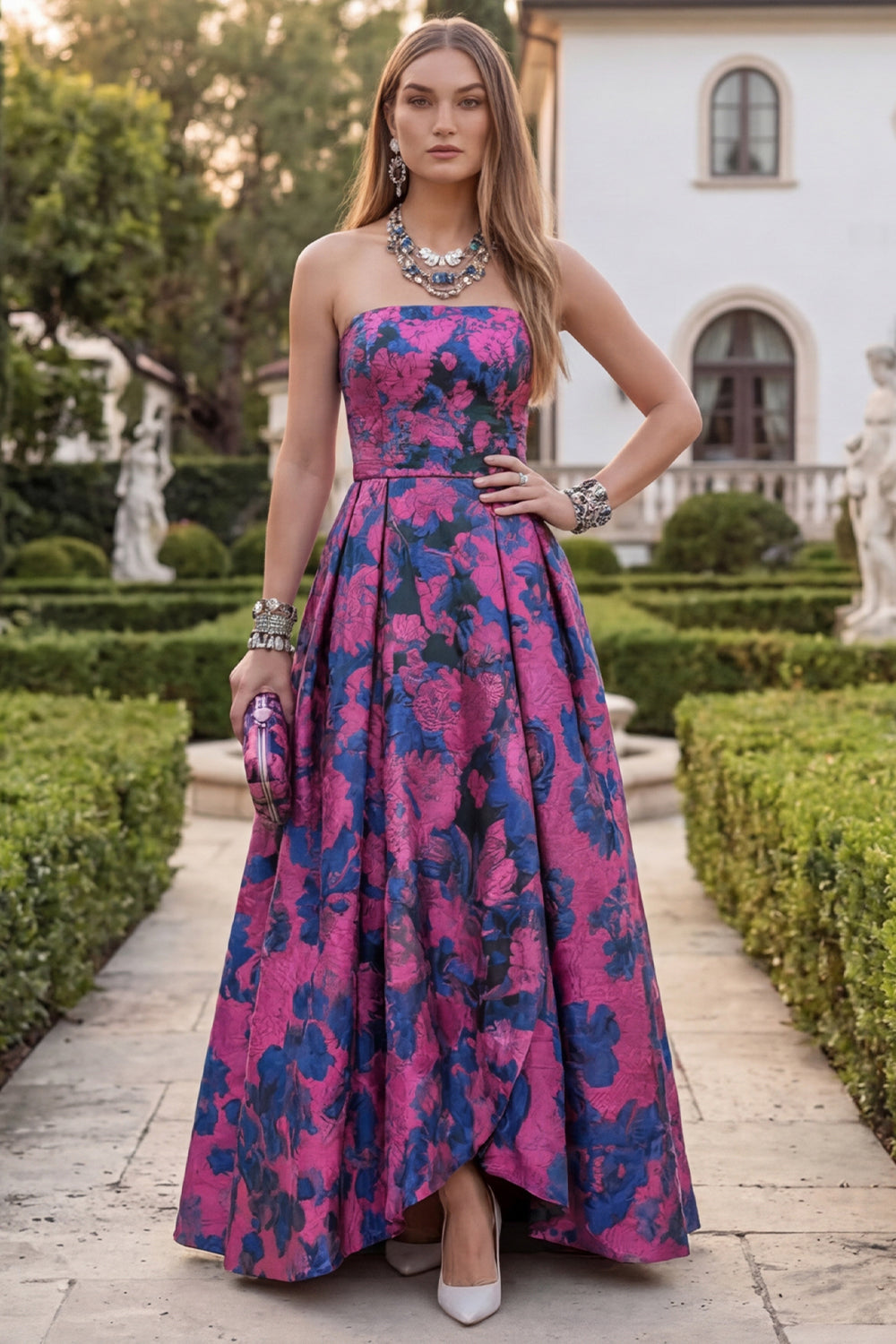 fuchsia dress for wedding guest Leely Women Floral A Line Long Jacquard Backless Strapless Evening Dress There is something about this dress that just feels right Wedding Guest Dress "Fuchsia Rve"