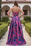 Fuchsia Strapless A Line Printed Long Wedding Guest Dress
