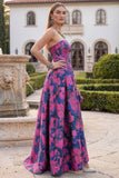 Fuchsia Strapless A Line Printed Long Wedding Guest Dress