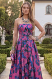 Fuchsia Strapless A Line Printed Long Wedding Guest Dress