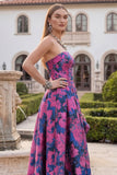 Fuchsia Strapless A Line Printed Long Wedding Guest Dress