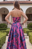 Fuchsia Strapless A Line Printed Long Wedding Guest Dress