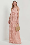 Blush Halter A Line Ruffled Long Wedding Guest Dress