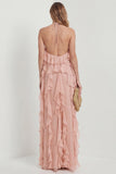 Blush Halter A Line Ruffled Long Wedding Guest Dress