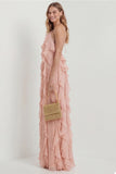 Blush Halter A Line Ruffled Long Wedding Guest Dress