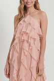Blush Halter A Line Ruffled Long Wedding Guest Dress