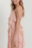 Blush Halter A Line Ruffled Long Wedding Guest Dress