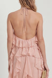 Blush Halter A Line Ruffled Long Wedding Guest Dress