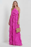 Blush Halter A Line Ruffled Long Wedding Guest Dress