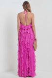 Blush Halter A Line Ruffled Long Wedding Guest Dress