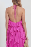 Blush Halter A Line Ruffled Long Wedding Guest Dress