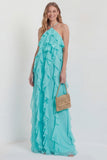 Blush Halter A Line Ruffled Long Wedding Guest Dress