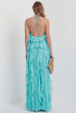 Blush Halter A Line Ruffled Long Wedding Guest Dress