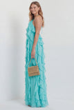 Blush Halter A Line Ruffled Long Wedding Guest Dress