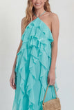 Blush Halter A Line Ruffled Long Wedding Guest Dress