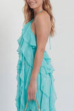 Blush Halter A Line Ruffled Long Wedding Guest Dress