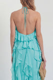 Blush Halter A Line Ruffled Long Wedding Guest Dress