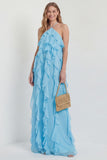 Blush Halter A Line Ruffled Long Wedding Guest Dress