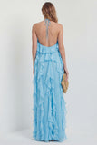 Blush Halter A Line Ruffled Long Wedding Guest Dress