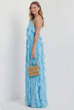 Blush Halter A Line Ruffled Long Wedding Guest Dress