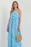 Blush Halter A Line Ruffled Long Wedding Guest Dress